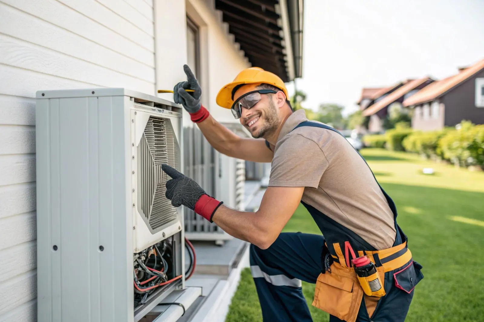 Technicien CVC souriant entretenant une unité de climatisation extérieure